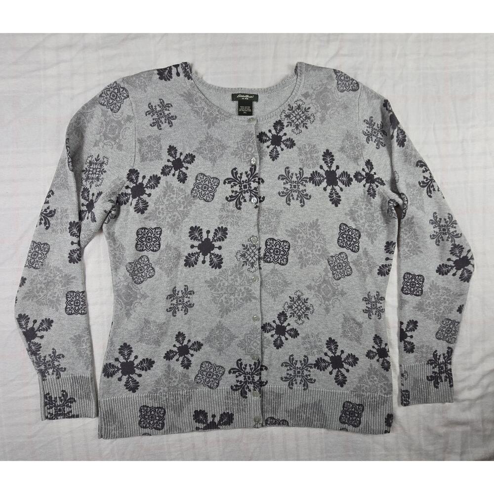Eddie Bauer Womens Button Front Cotton Blend Snowflake Cardigan Sweater XL